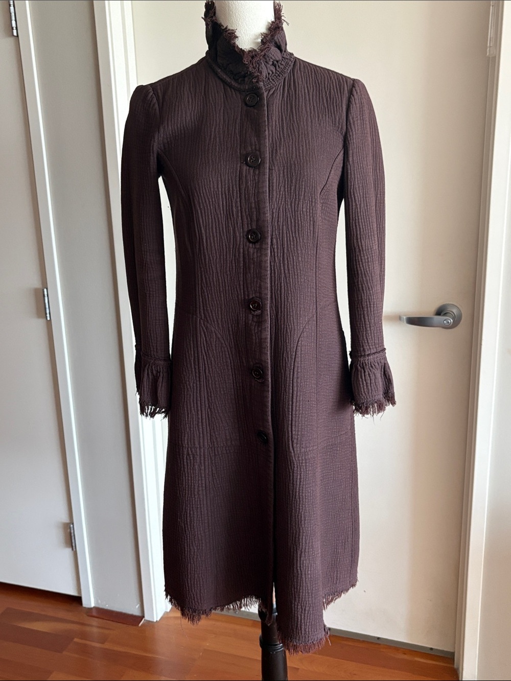 Raquel Allegra Brown Crinkled Gauze Duster Coat Raw Edge Stand Collar Sz 0